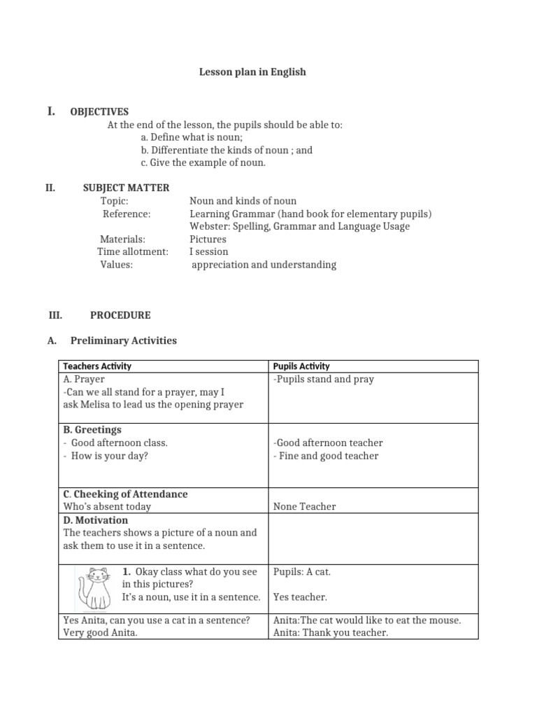 Noun Lesson Plan for Elementary Students | PDF | Teachers | English ...