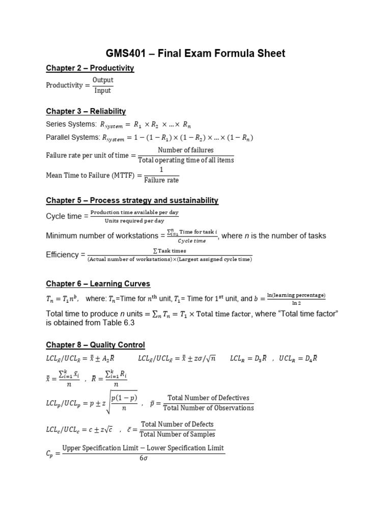 GMS401 Final Exam Formula Sheet | PDF | Economies | Business Economics