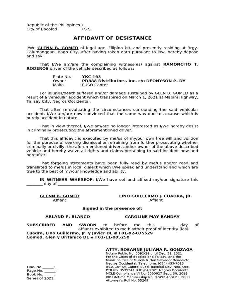 Affidavit of Desistance in Accident Case | PDF | Evidence | Legal Procedure