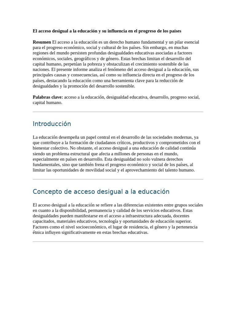 El acceso desigual a la educación y su influencia en el progreso de los ...