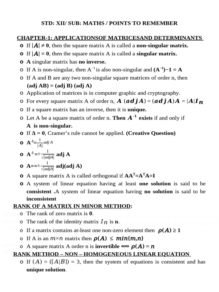 Class Xii Maths CH 1 To 12 Vol 1 & 2 Points To Remember | PDF | Matrix ...