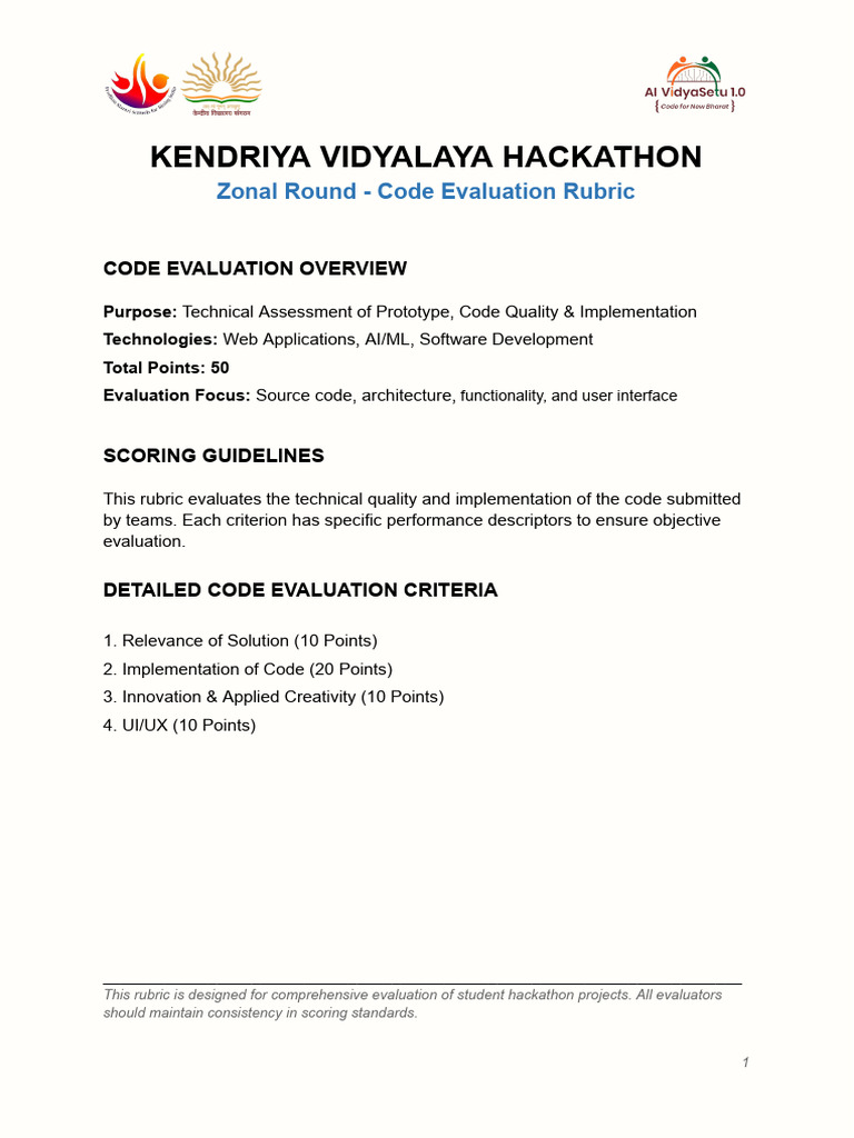 Kendriya Vidyalaya Hackathon Code Rubric | PDF | Computing | Software ...