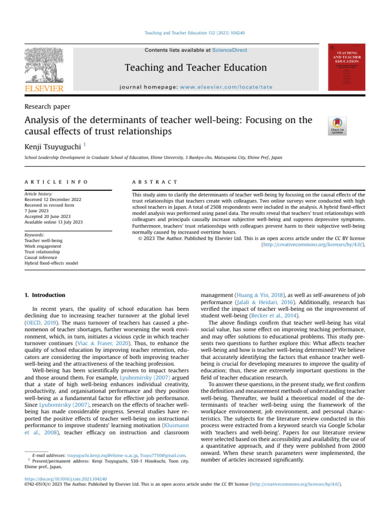 Analysis of The Determinants of Teacher Well Being Foc 2023 Teaching ...