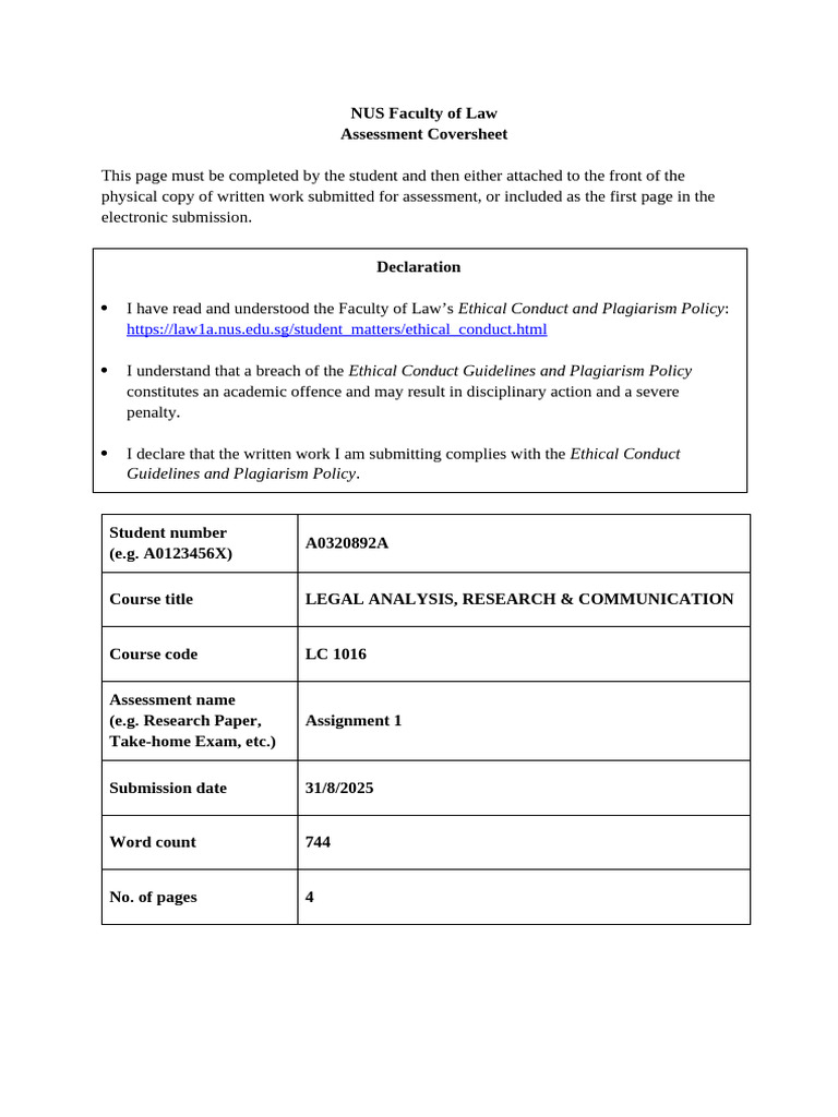 NUS Law Assignment 1 Coversheet | PDF | Conversion (Law) | Common Law