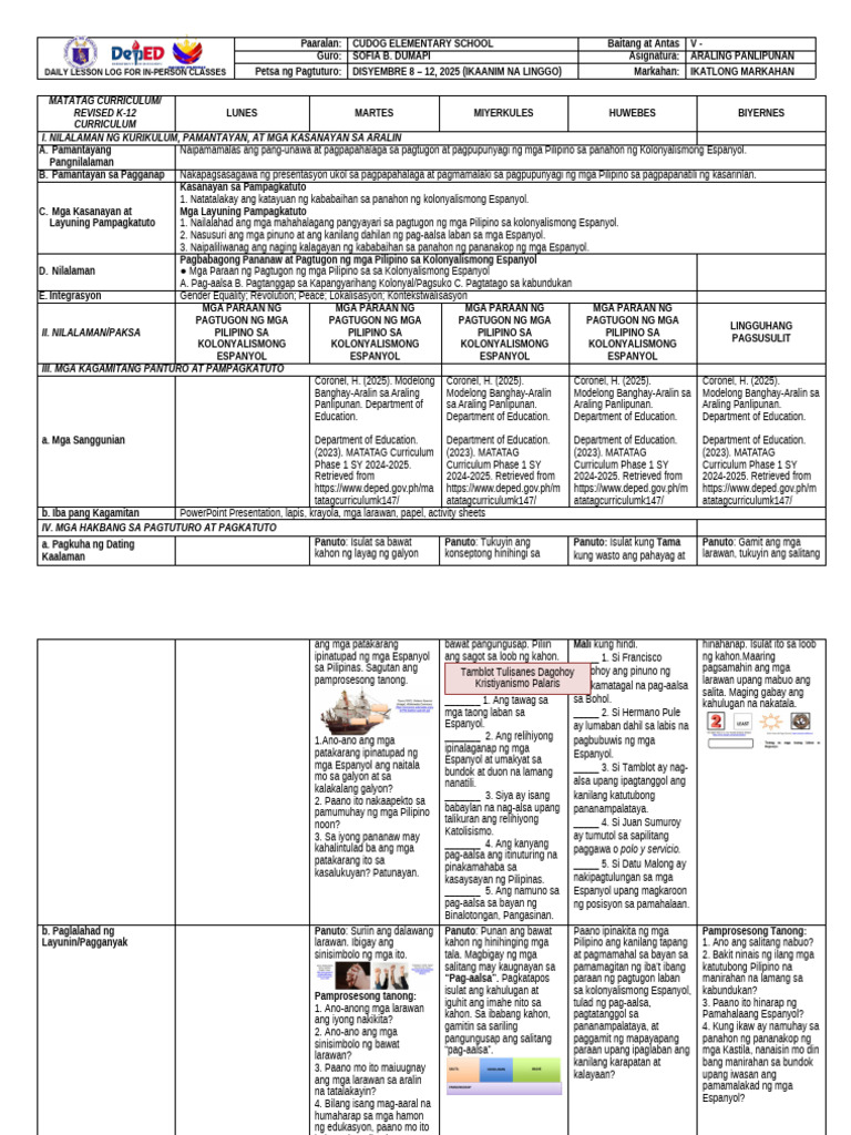 Matatag Curriculum/ Revised K-12 Curriculum I. Nilalaman NG Kurikulum ...