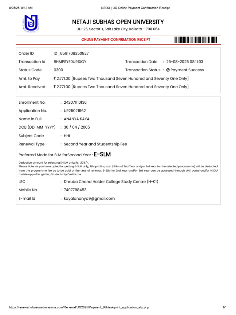 NSOU - UG Online Payment Confirmation Receipt | PDF