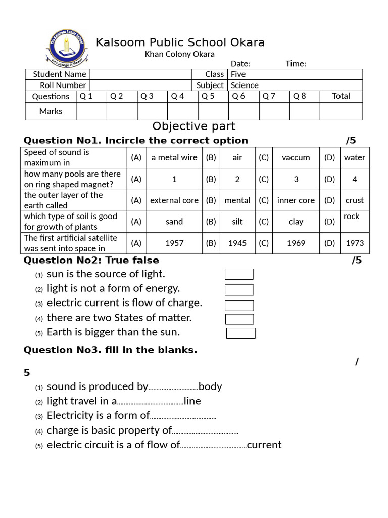 Science Exam Questions for Class Four | PDF | Astronomy | Solar System