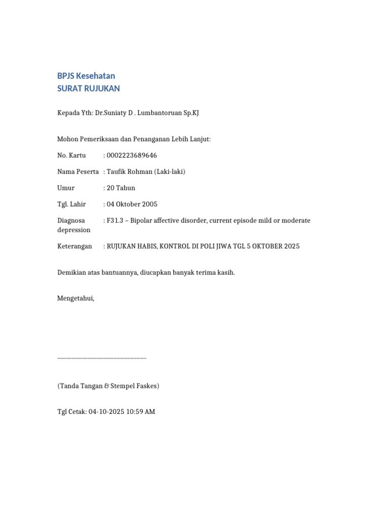 Surat Rujukan BPJS Kesehatan untuk Bipolar | PDF