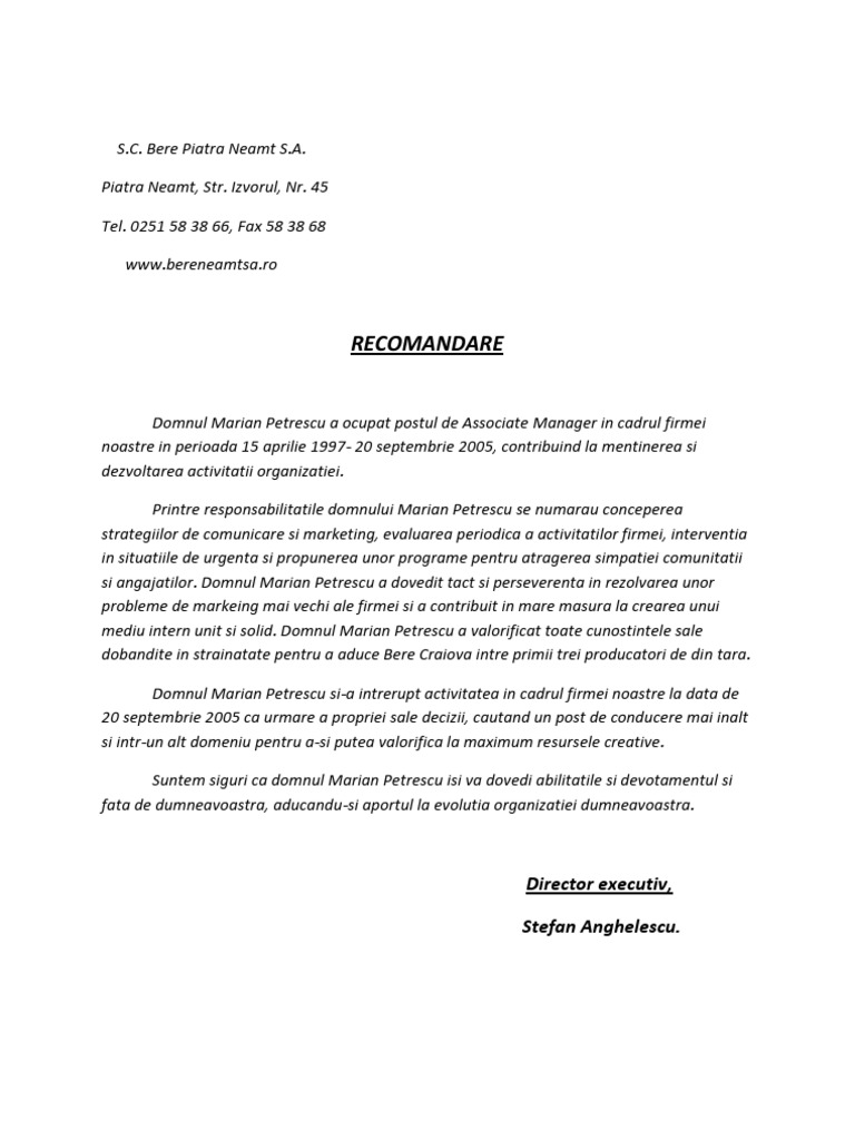 Exemplu Scrisoare de Recomandare