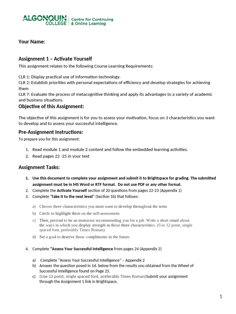 Assignment 1 Activate Yourself-1 | PDF | Thought | Behavior Modification