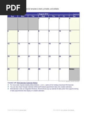 August 2012 Calendar