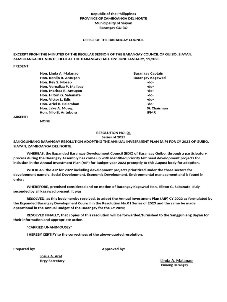 Guibo Siayan AIP Resolution 2023 | PDF | Philippines