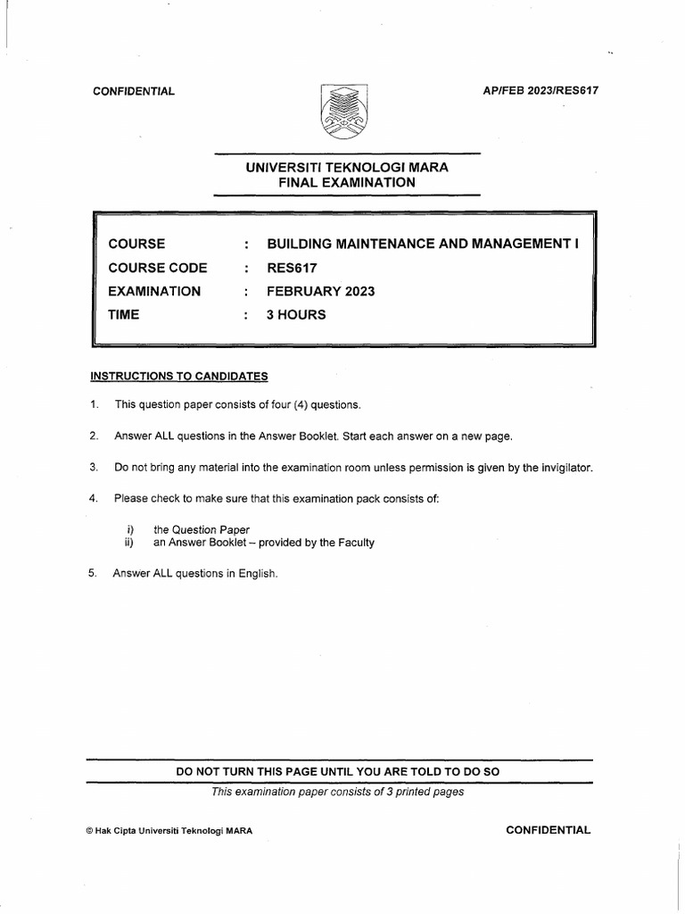Building Maintenance Exam Questions RES617 | PDF