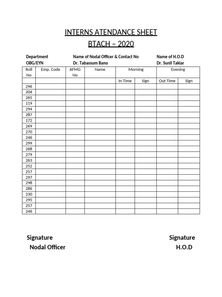 Interns Atendance Sheet | PDF