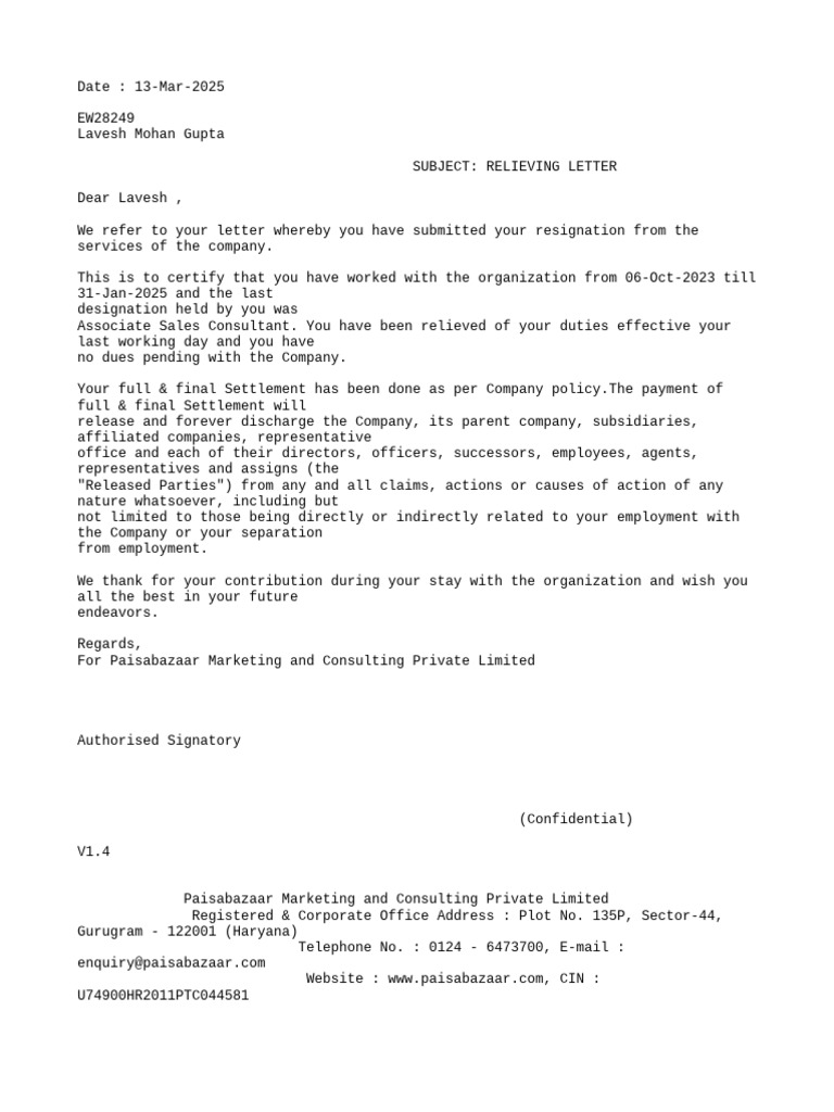 841950616 Reliveing Letter | PDF