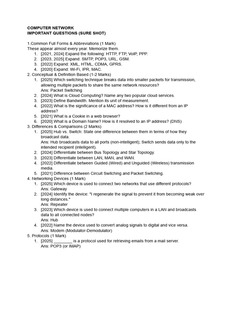 Essential Computer Networking Questions | PDF | Computer Network ...