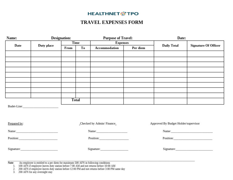 Travel Expenses Reimbursement Form | PDF