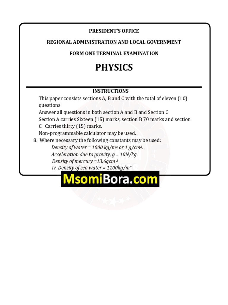 Physics Form One Exam May 2025 | PDF | Force | Weight