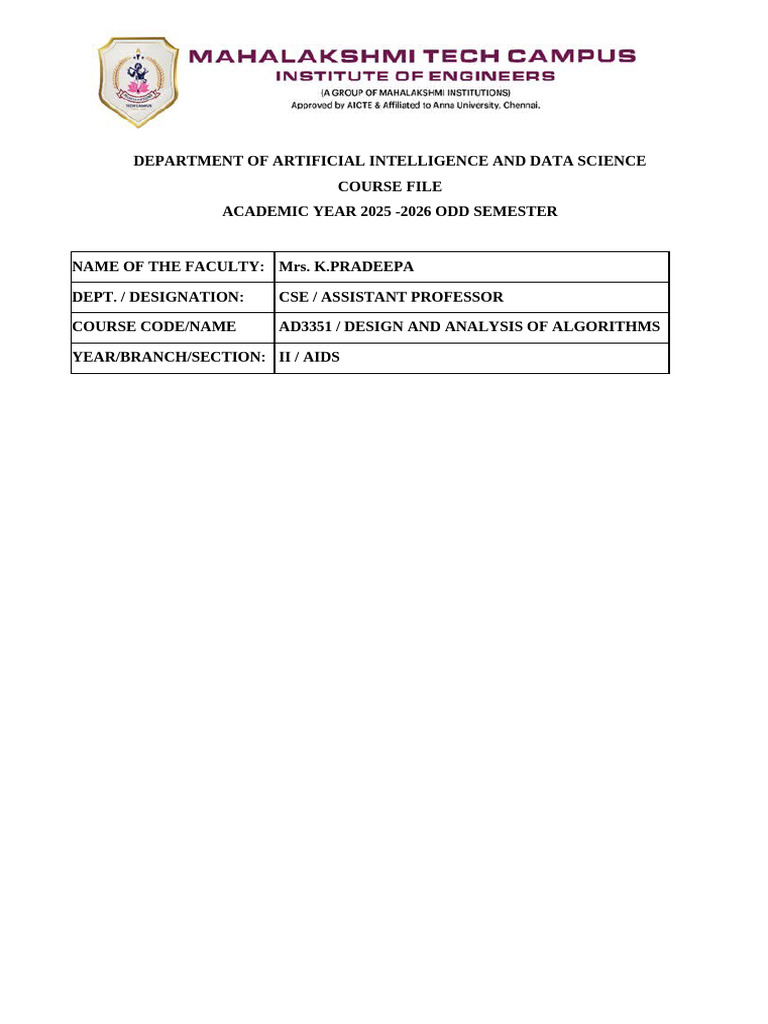 AD3351 DAA - course file 2025 | PDF | Engineering | Artificial Intelligence