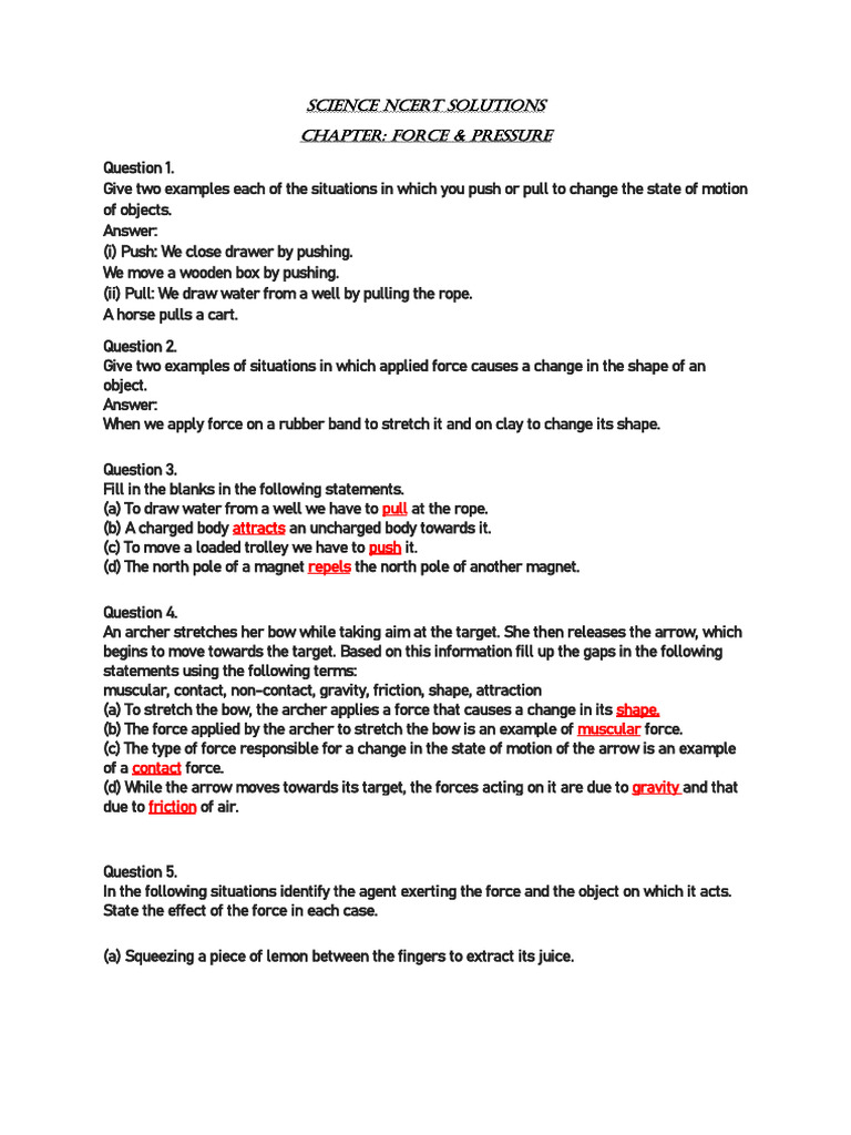 Force and Pressure NCERT Solutions | PDF | Force | Rocket