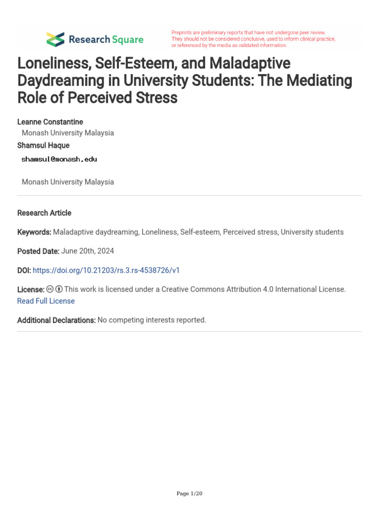 Loneliness Self-Esteem and Maladaptive Daydreaming | PDF | Dependent ...