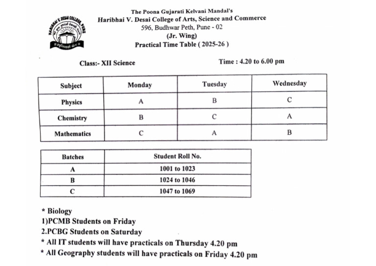 Practical Time Table | PDF