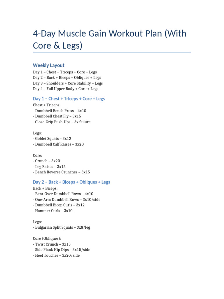 4-Day Muscle Gain Workout | PDF
