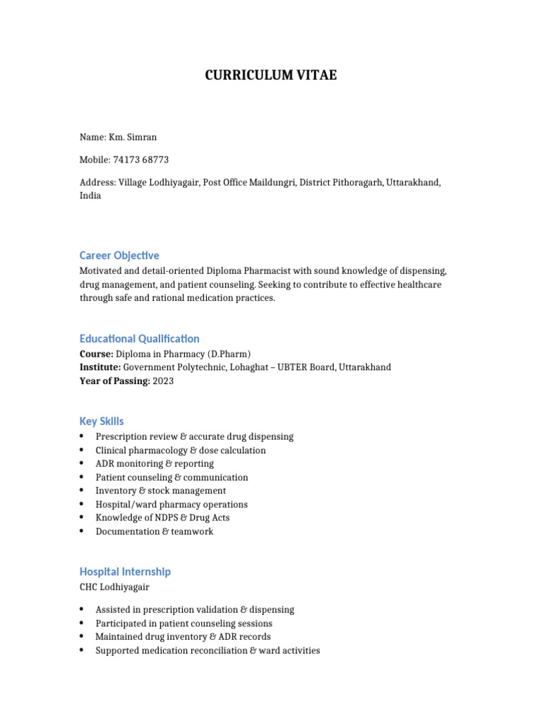 KM Simran Pharmacist CV OnePage | PDF
