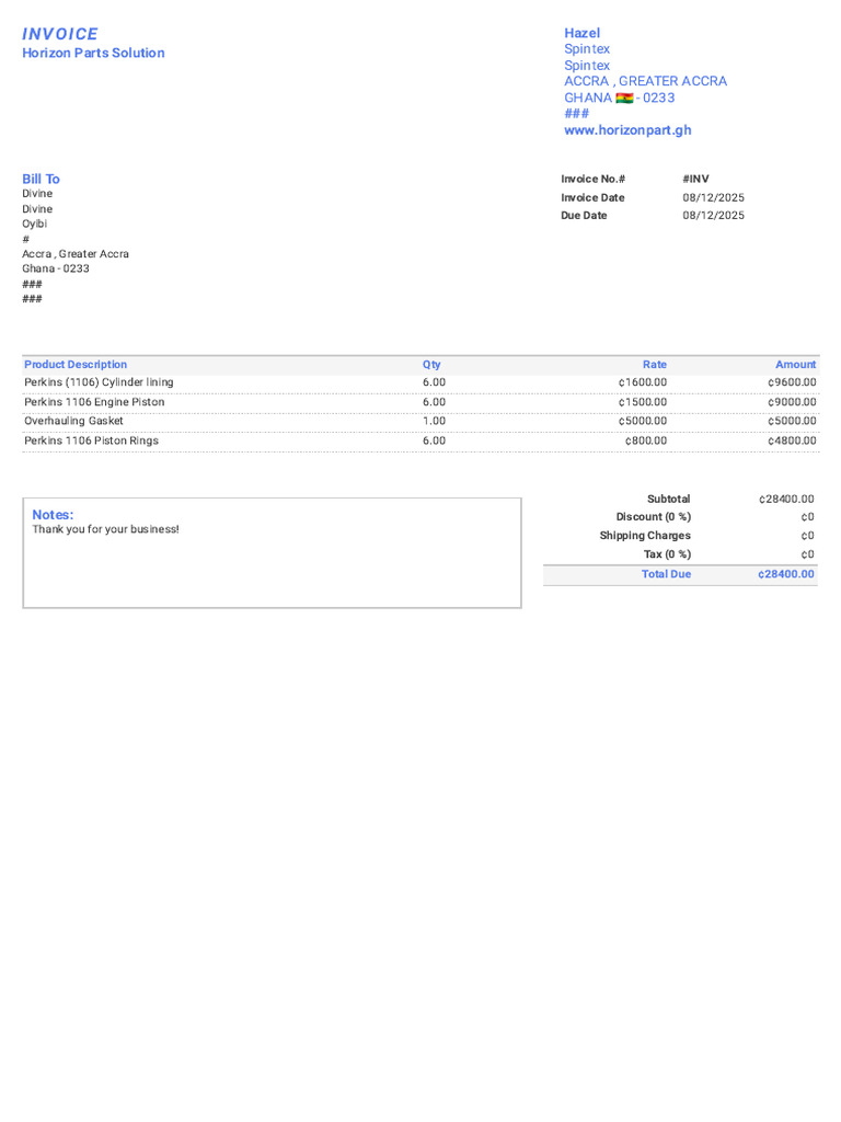 Invoice for Perkins Engine Parts | PDF