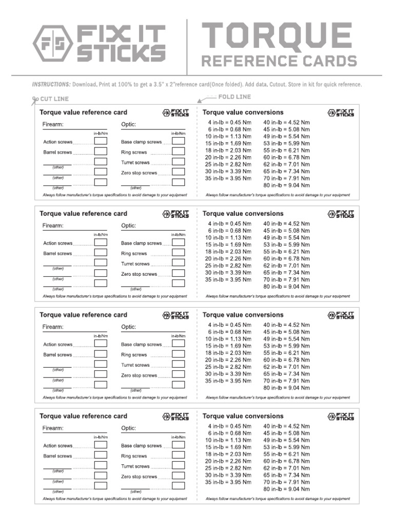 FixItSticks TorqueReferenceCards Form | PDF