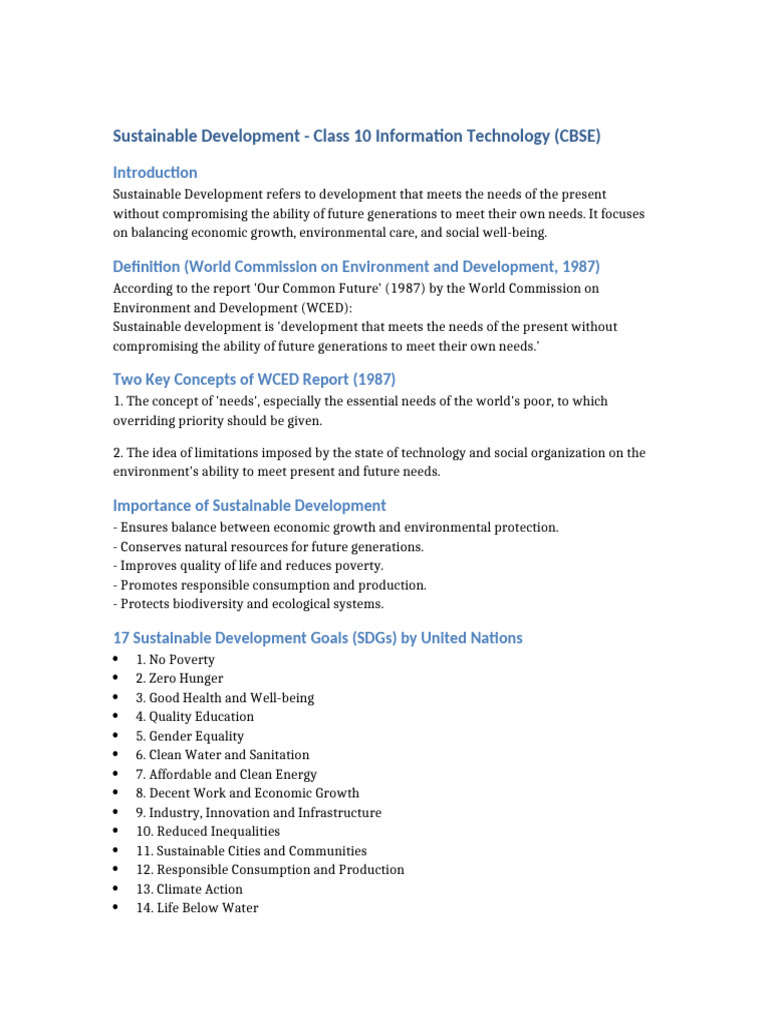 Sustainable Development Overview for Class 10 | PDF