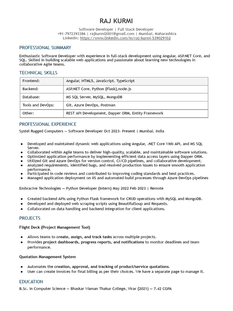 Full Stack Developer Resume - Raj Kurmi | PDF | Microsoft Sql Server ...