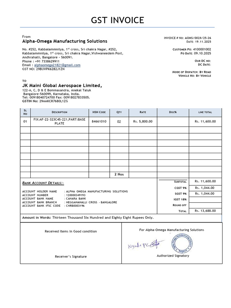 0028 GST Invoice 25-26 - JK Maini Aero | PDF | Taxation | Public  Administration