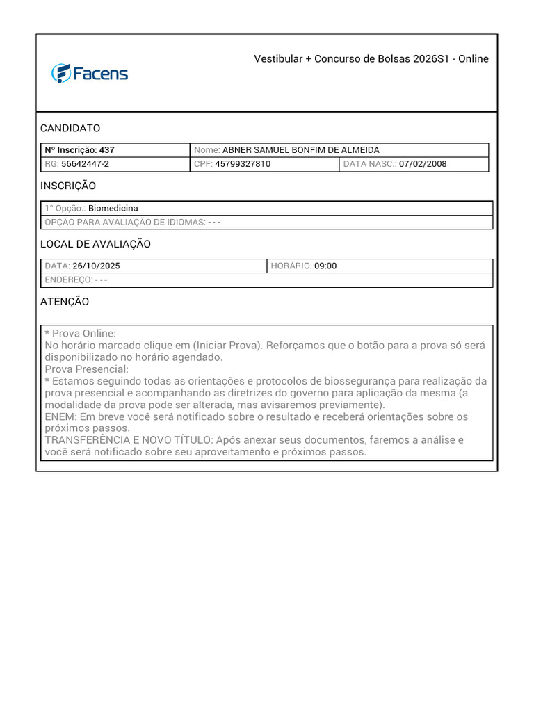 Inscrição Vestibular 2026 - Abner Almeida | PDF