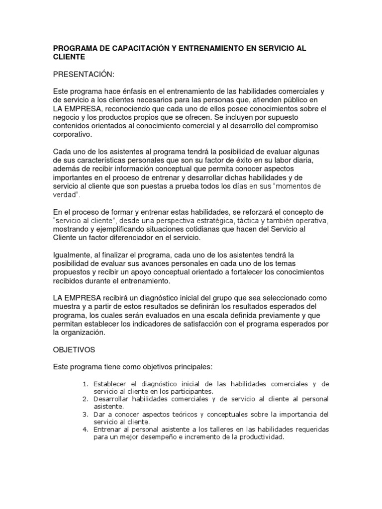 Programa de Capacitación y Entrenamiento en Servicio Al Cliente | PDF ...