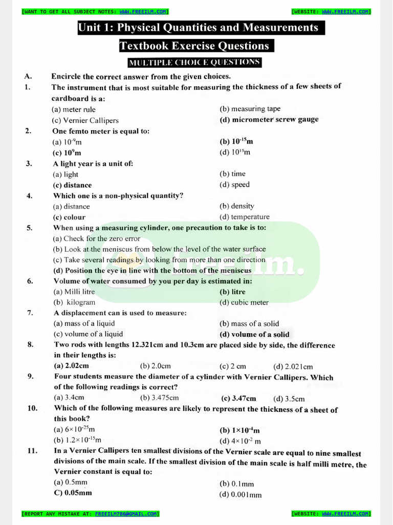 9th Phy New Ch1 Exercise | PDF