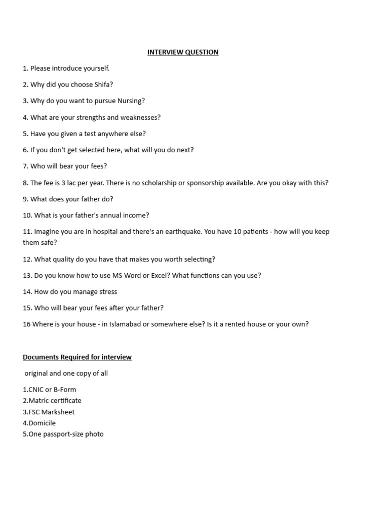 Nursing Interview Questions Guide | PDF