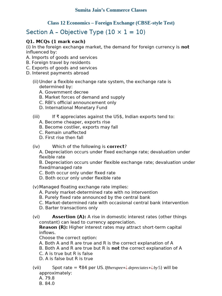 Class 12 Economics: Foreign Exchange Test | PDF | Exchange Rate ...