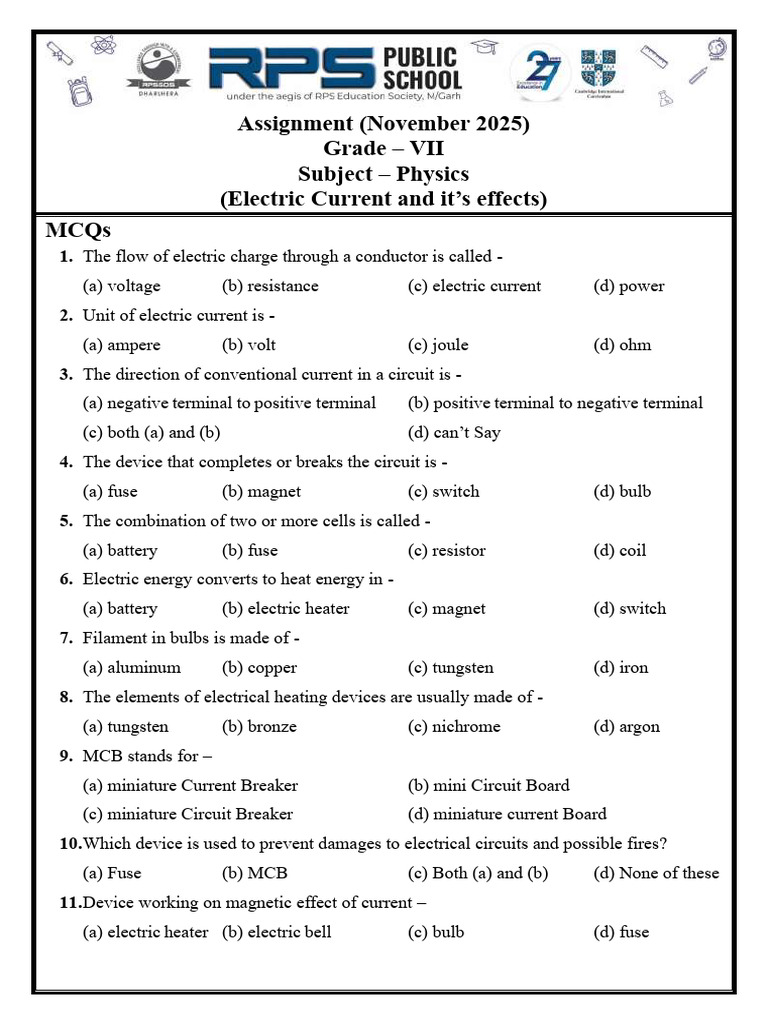Grade VII Physics MCQs on Electric Current | PDF | Electric Current ...