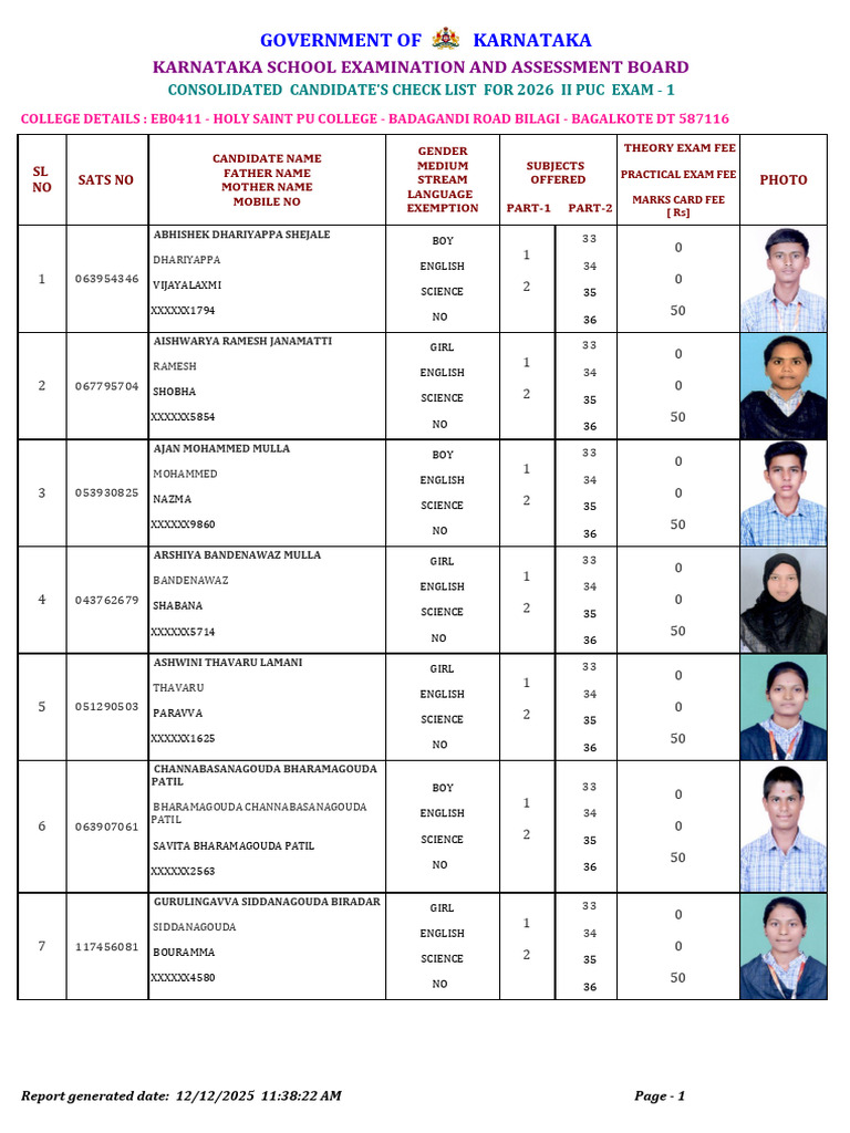 Karnataka II PUC Exam 2026 Candidate List | PDF | Higher Education ...