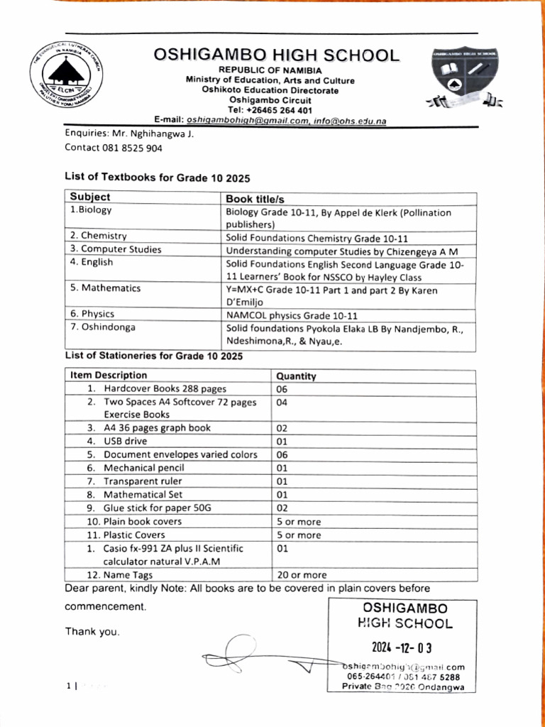 Grade 10 Textbooks and Stationery List 2025 | PDF | Chess | Chess Theory