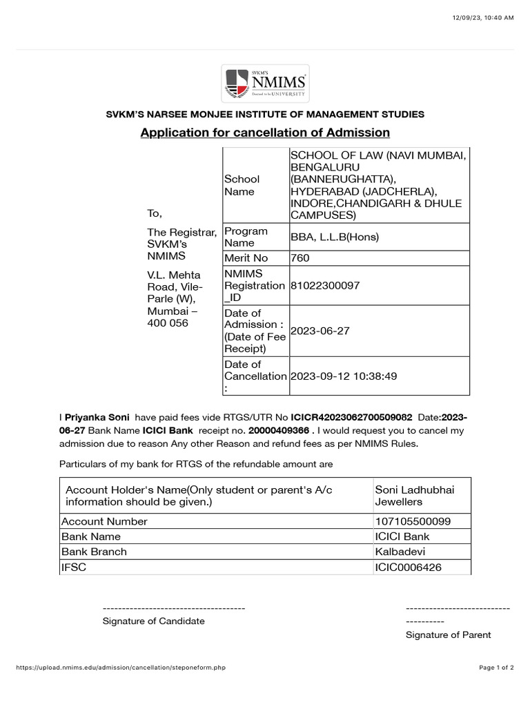 NMIMS Admission Cancellation Request Form | PDF