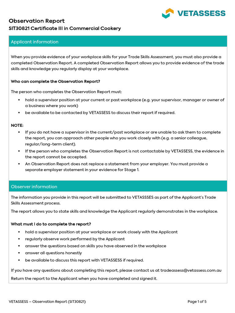 VETASSESS Observation Report for Cookery | PDF | Cuisine | Western Cuisine