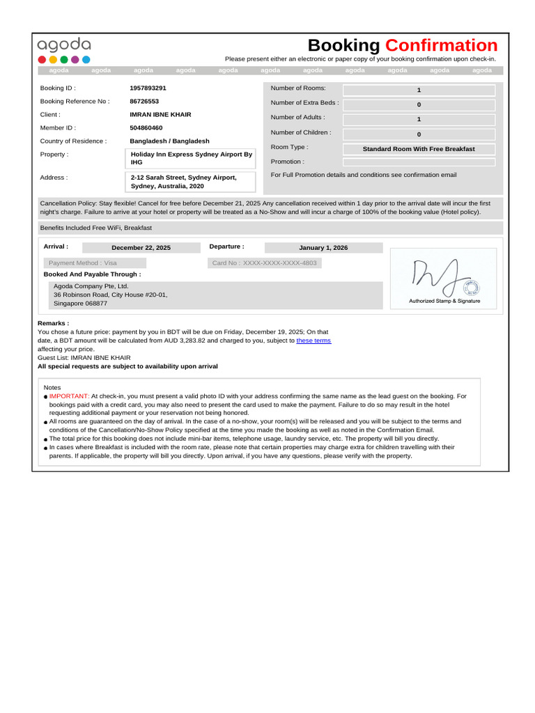 Holiday Inn Express Sydney Booking Confirmation | PDF