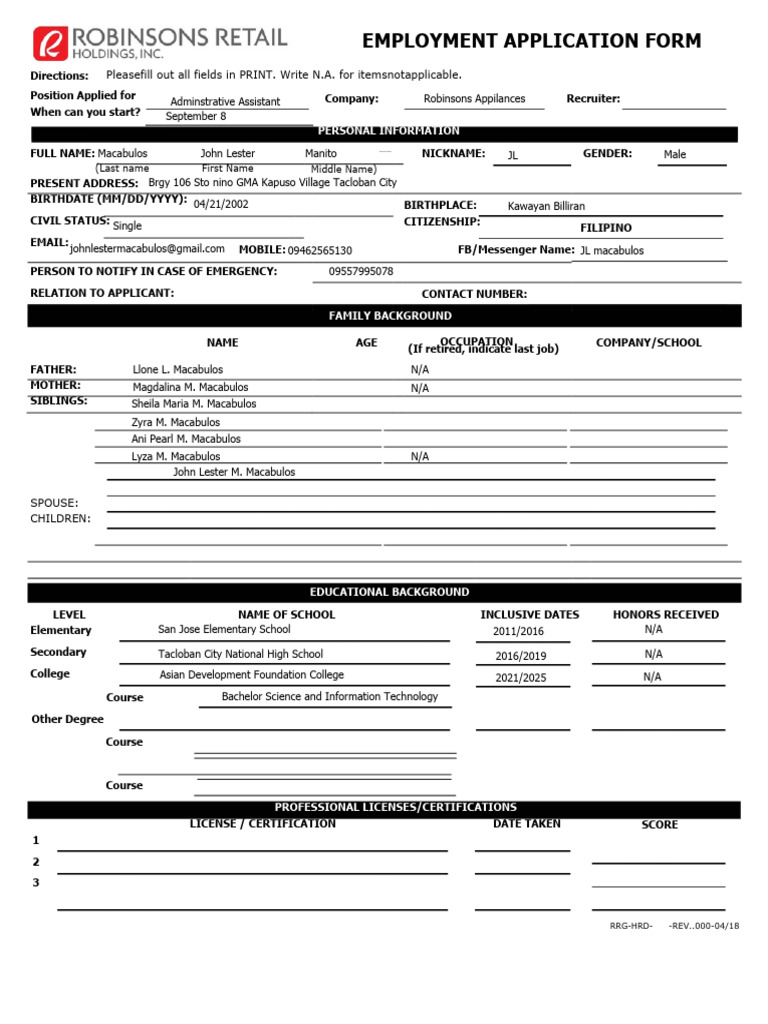 Employment Application Form Template | PDF