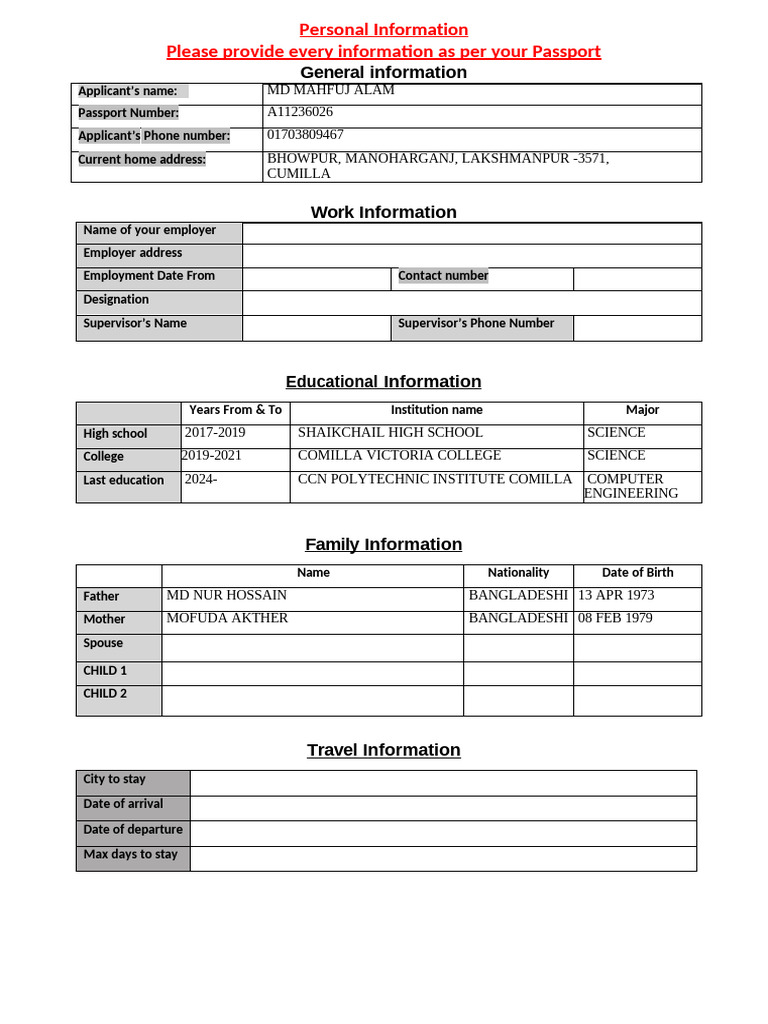 Personal Information for Passport Application | PDF