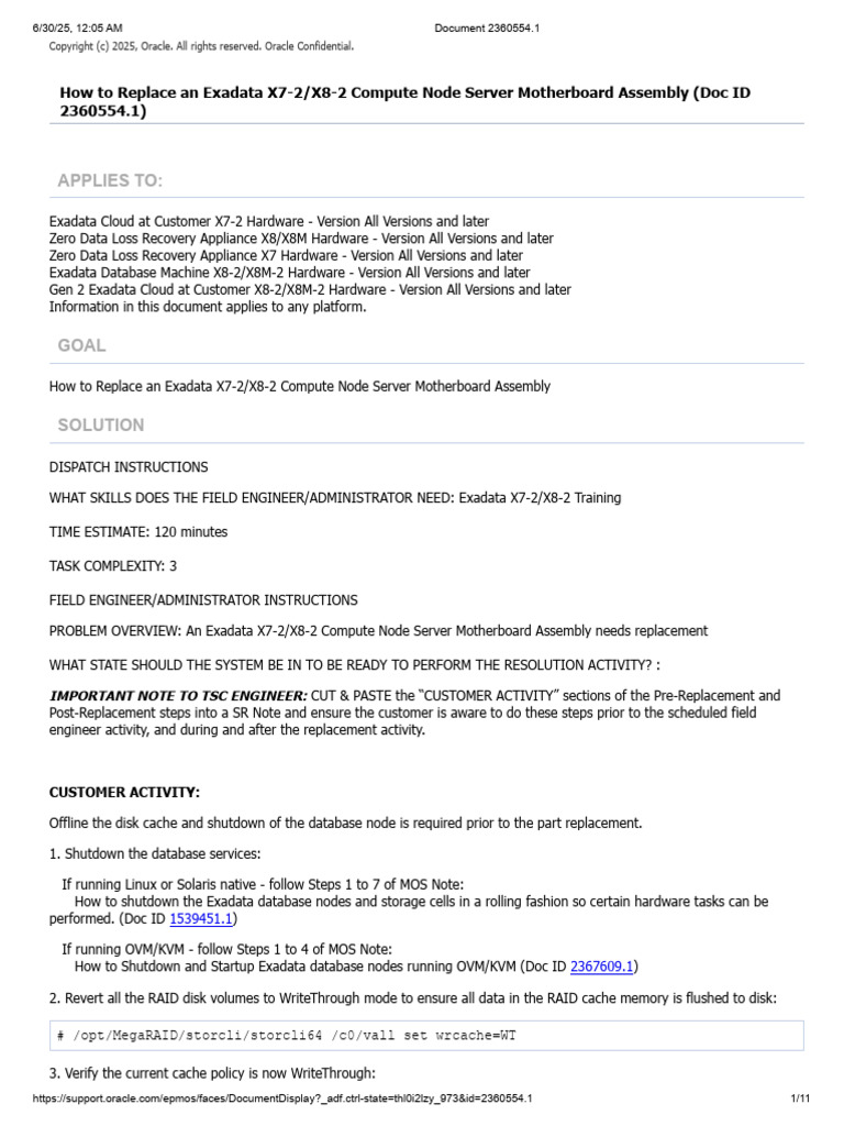 Exadata X7-2/X8-2 Motherboard Replacement Guide | PDF | Booting | Bios