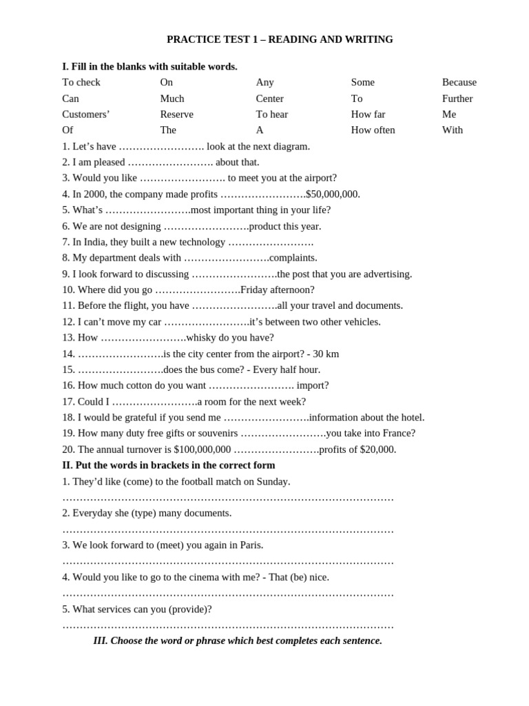 Reading and Writing Practice Test PDF