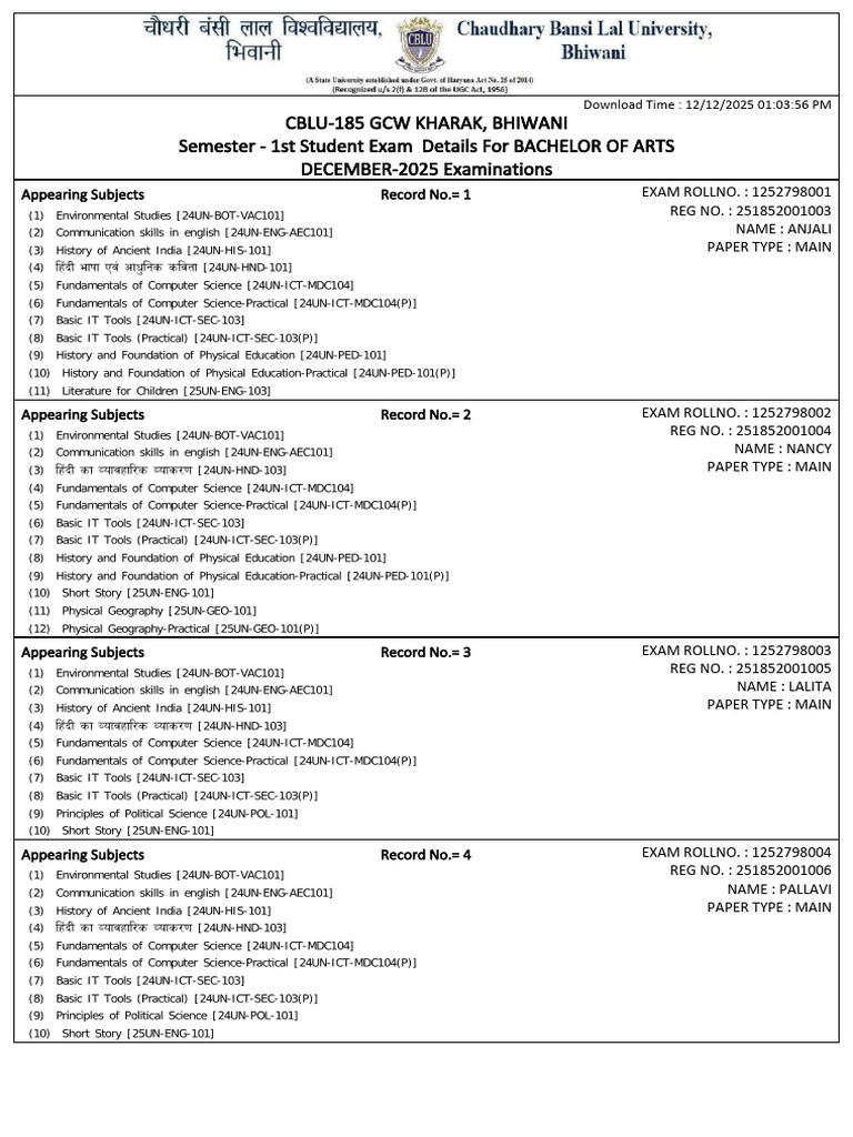 BA Semester 1 Exam Details 2025 | PDF | Science | Geography