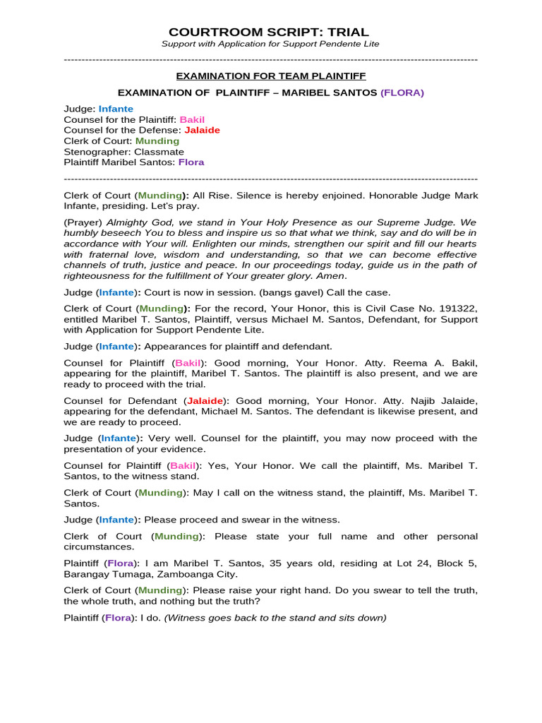 Courtroom Script: Support Pendente Lite Trial | PDF | Witness | Testimony